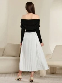 Modelyn Women's Long Knitted Pleated Off-Shoulder Waist Gathers Dress, Elegant And Feminine Long Evening Dresses - Black and White - View 2