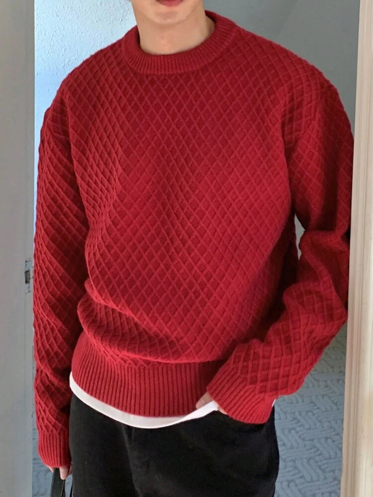 Men's Plain Crew Neck Long Sleeve Knitted Sweater, Autumn