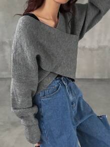 FRIFUL 女士落肩长袖交叉宽松休闲纯色毛衣，秋冬，长袖上衣 - 灰色 - 查看 3