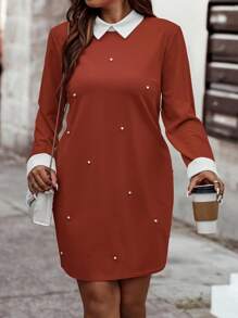 Calvaya Plus Size Elegant Color Block Studded Decor Long Dress, Autumn - Rust Brown - View 3