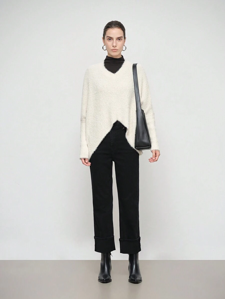 SHEIN LUNE 纯色V领不对称下摆优雅长袖套头针织毛衣，秋冬款 - 杏色 - 查看 1