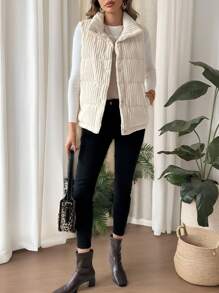 SHEIN Frenchy Zip Up Corduroy Padded Coat  Women's Solid Color Padded Vest  Snap Button Front Vest Padded  Corduroy Coat   Winter Clothes  Homecoming