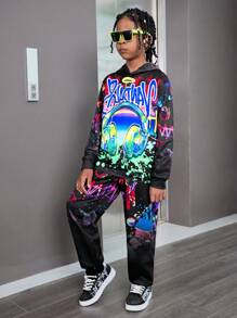 2pcs Tween Boys'' Streetwear Graffiti Artwork Hoodie Sweatshirt And Pants Set, Suitable For Autumn - Black - View 7