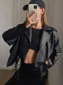 DAZY 女式宽松休闲PU皮革拉链夹克，秋季服装 - 黑色 - 查看 9