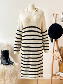 SHEIN Frenchy Plus Size Casual Colorblock Striped Sweater Dress, Autumn/Winter