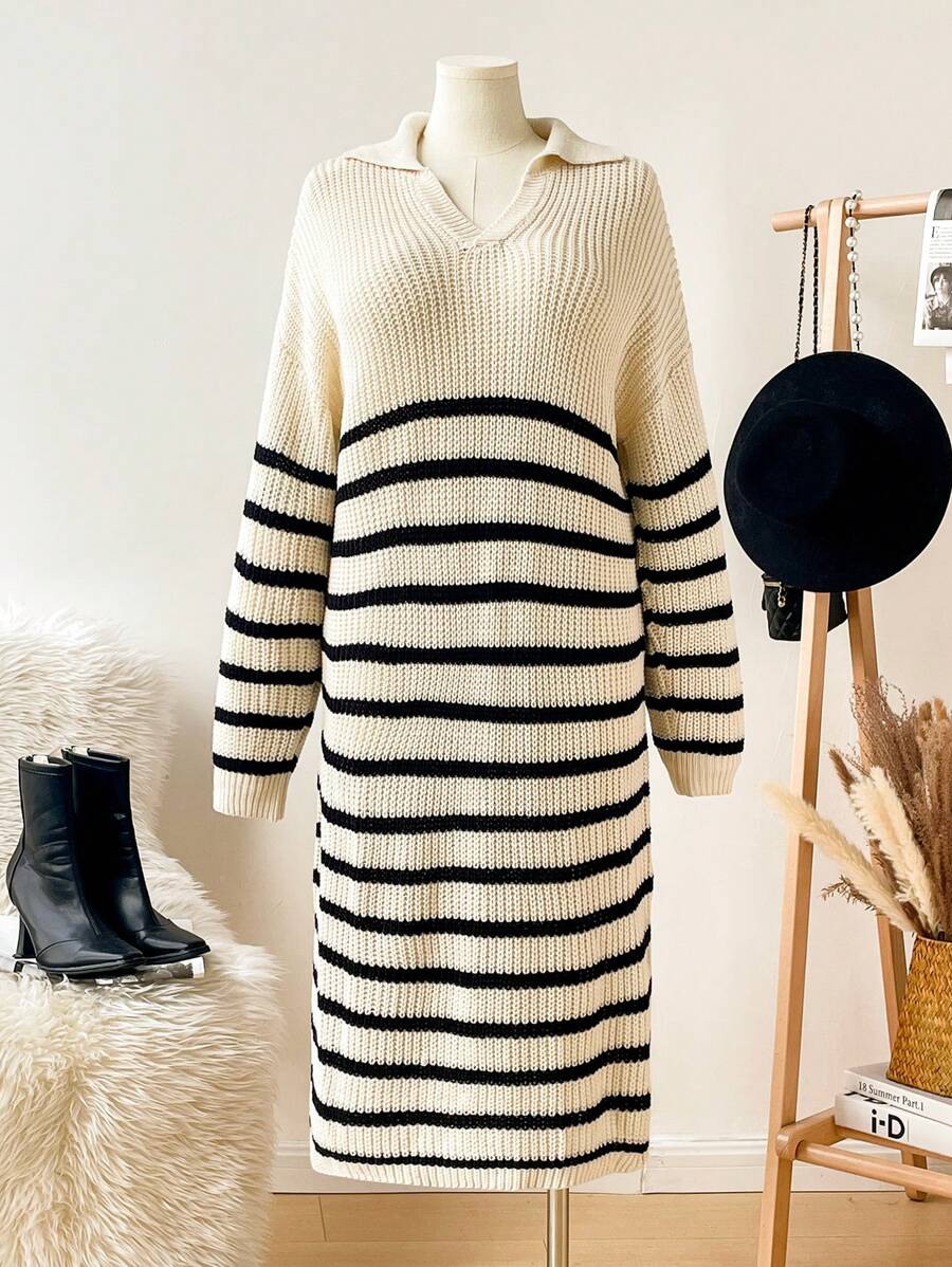 SHEIN Frenchy Plus Size Casual Colorblock Striped Sweater Dress, Autumn/Winter