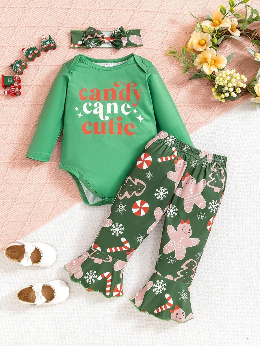 3pcs Baby Girls' Casual Christmas Tree, Snowman Letter Print Long Sleeve Bodysuit, Flared Pants And Headband Set, Spring Autumn - Green - View 1