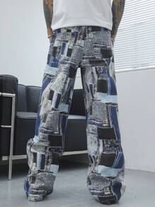 PAVTROS 男士全印花口袋设计休闲宽松百搭牛仔裤，宽牛仔裤长款宽松拼色洗水工装牛仔裤，适合丈夫、男朋友的礼物 - 彩色 - 查看 2