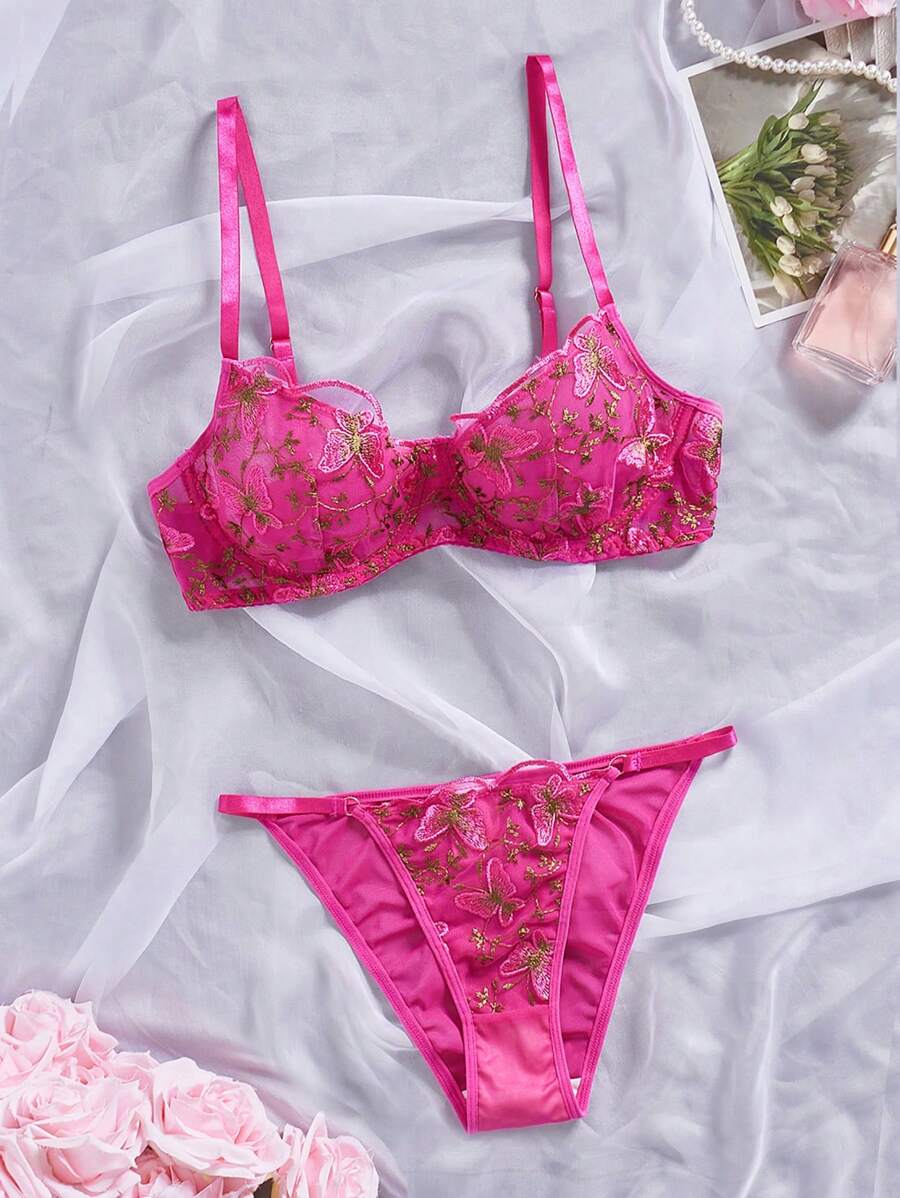 طقم ملابس داخلية بطباعة زهرة الورد المنسوجة للنساء - روز أحمر - مشاهدة 1