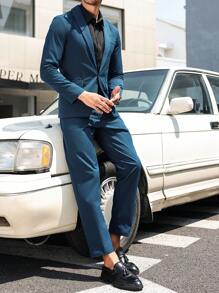 Manfinity Bizformal Men's Plain One Button Long Sleeve Blazer Jacket And Pocket Suit Pants Formal Casual Suit Set