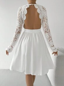 SHEIN Privé Women's Elegant Lace Patchwork Backless Long Sleeve Dress, White Dress - White - View 6