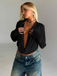 Aloruh Vintage Y2K Grunge Distressed Crop Collar Long Sleeve Shirt For Women