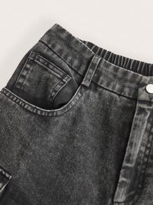 SHEIN EZwear Washed Black Denim Multi-Pocket Cargo Wide Leg Jeans