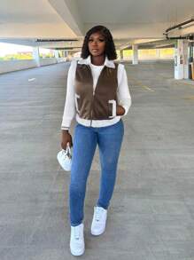 Zolique 女士休闲蓬松衬里背心夹克，秋冬 - 咖啡棕 - 查看 4