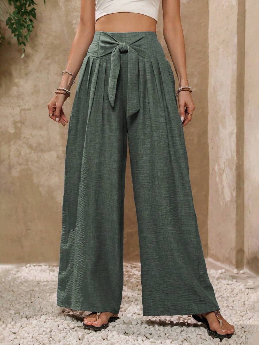 Zayélia Vacation Casual Solid Color Tie Waist Wide Leg Pants Fall Cloth For Women - Olive Green - View 1