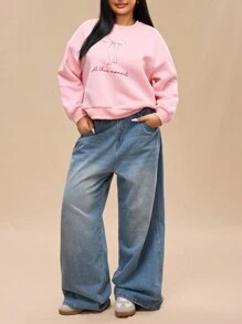 Forever 21 大码女式罗纹圆领蝴蝶印花俏皮粉色长袖运动衫，秋冬款