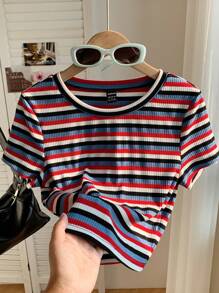 Comfortcana 彩色条纹针织修身女式圆领短袖T恤 - 彩色 - 查看 6