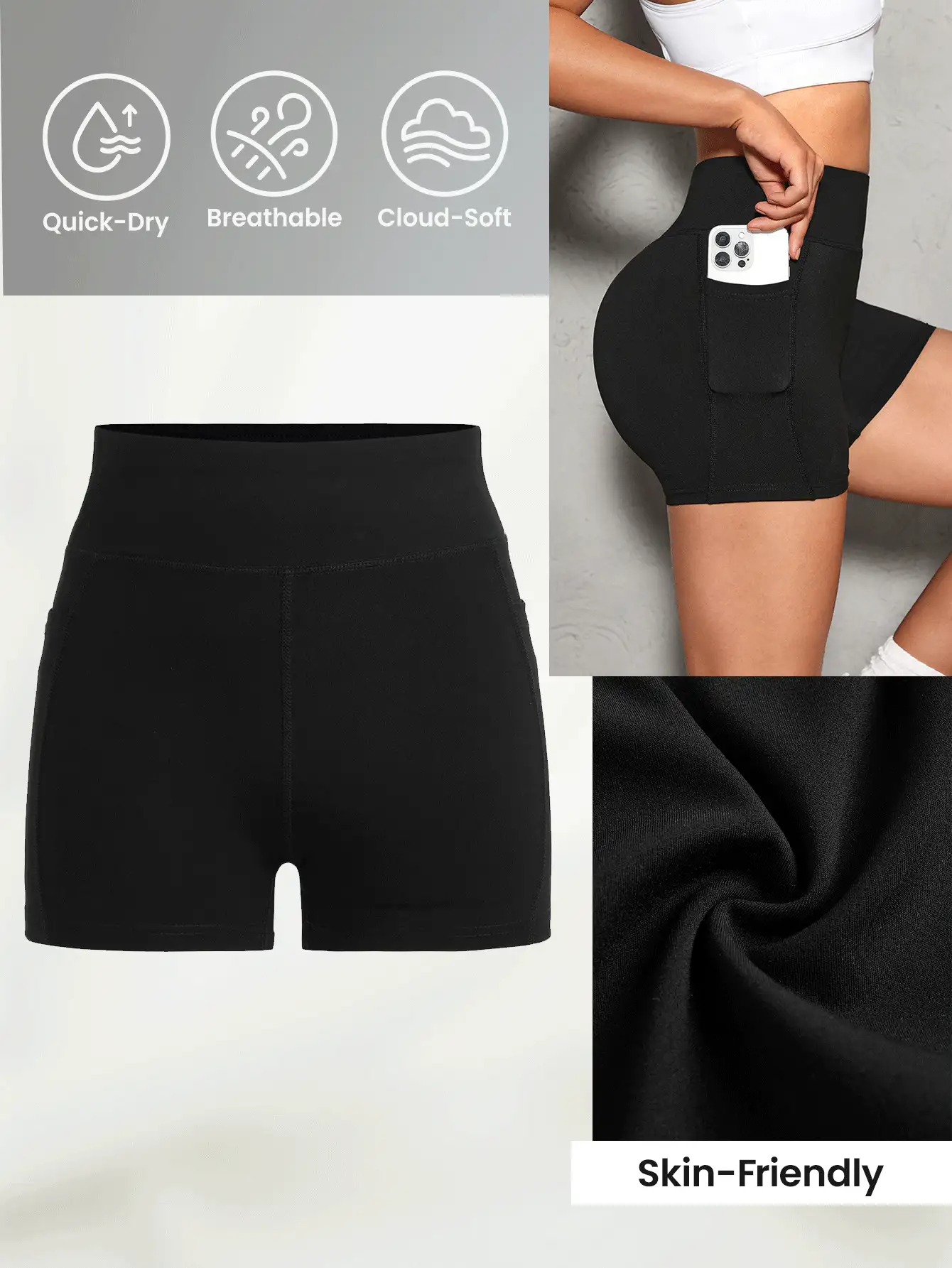 SHEIN Sports 纯色口袋简约运动短裤，休闲日常穿着氨纶短裤 - 黑色 - 查看 3