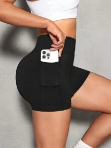 SHEIN Sports 纯色口袋简约运动短裤，休闲日常穿着氨纶短裤 - 黑色 - 查看 4