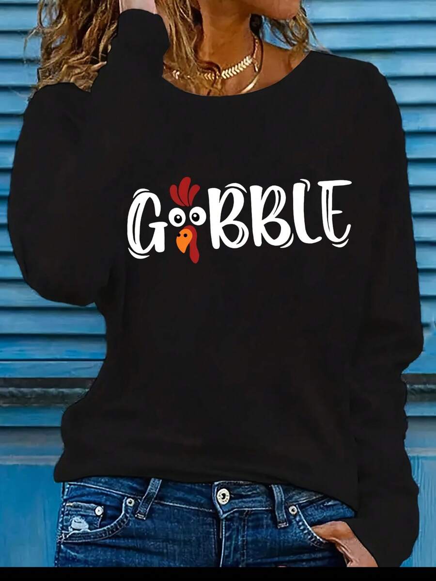 INAWLY Áo thun tay dài cổ tròn in chữ thường cỡ lớn dành cho nữ, mùa thu - màu đen - Xem 1