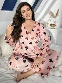 Butterfly Print Flannel Oblique Collar Shirt And Pants Plus Size Women Pajama Set, Casual