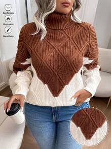 EMERY ROSE Plus Size Turtleneck Long Sleeve Textured Contrast Design Casual Comfortable Pullover Sweater, For Winter Knit Pullover Fall - Brown - View 1