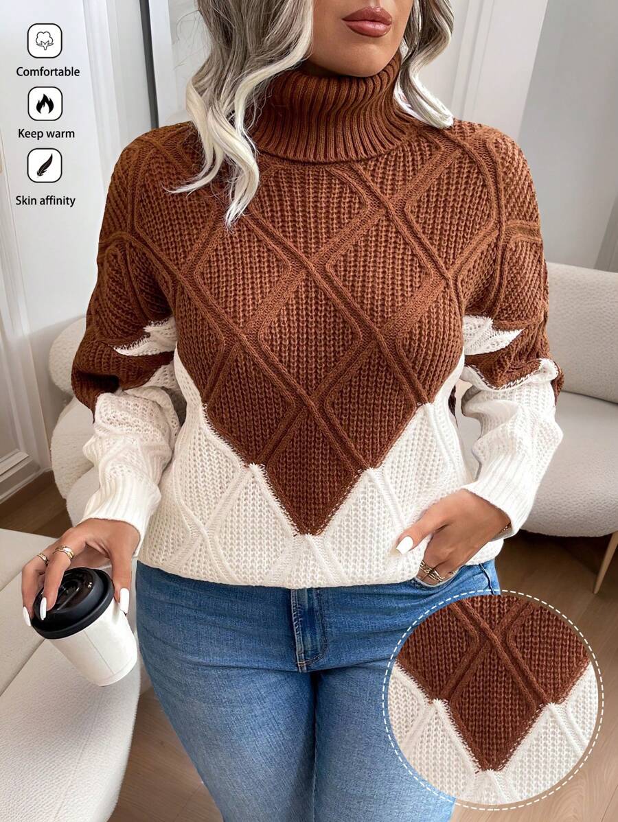 EMERY ROSE Plus Size Turtleneck Long Sleeve Textured Contrast Design Casual Comfortable Pullover Sweater, For Winter Knit Pullover Fall - Brown - View 1