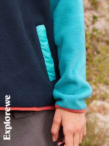 SHEIN Girls' Plain Color Patchwork Button Front Long Sleeve Pocket Casual Sweatshirt - Blue - View 10