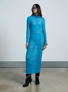 AiiRZ Sheer Mesh Long Sleeve Stand Collar Ruched Bodycon Maxi Dress - Blue - View 1