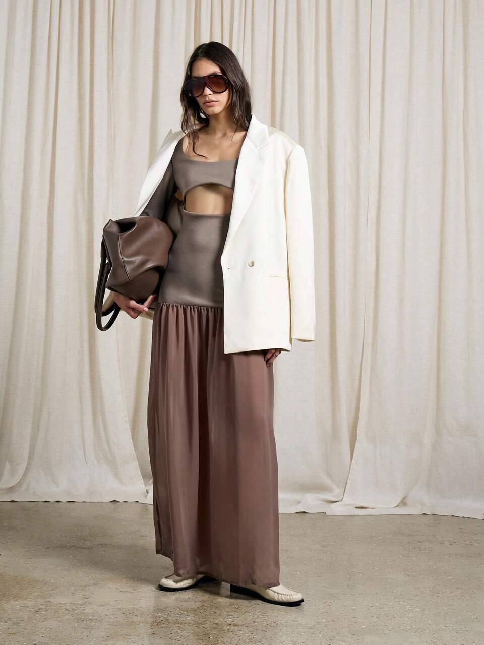 Cut-Out Waist 3/4 Sleeve Scoop Back Drop Waist Maxi Dress