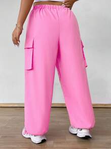 Flirla Plus Size Women's Elastic Waist Drawstring Cargo Pockets Pants With Contrast Trim Fall Cloth For Women - Pink - View 2