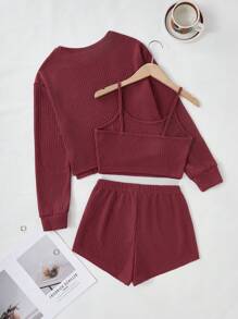 落肩T恤、吊带背心和短裤家居服套装，秋冬服装，舒适穿搭 - 酒紅色 - 查看 2