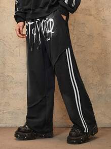 ROMWE MEN Grunge Punk Herren Loose Fit Lässig Jogginghose mit Buchstaben Muster und Kordelzug in der Taille - Schwarz - Übersicht 1