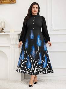 Modelyn Plus Size Feather Print Patchwork Long Sleeve Button Front Casual Dress Long Evening Dresses