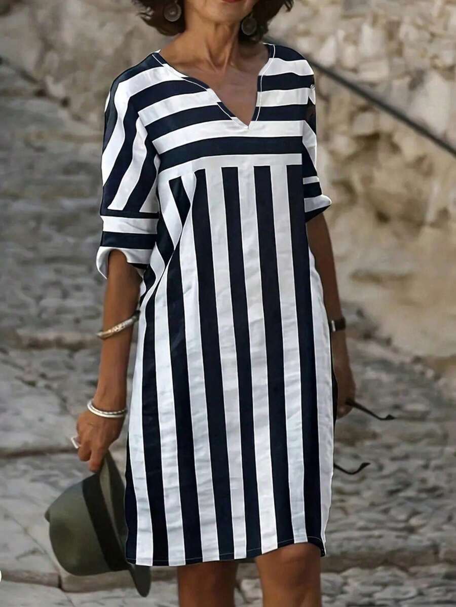 INAWLY Women's Vertical Striped Notched Neckline Dress - Multicolor - View 1