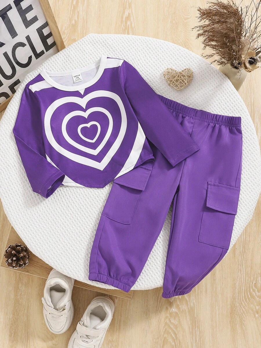 2pcs Baby Girl Heart Print Top And Cargo Pants Spring Autumn Set - Purple - View 1