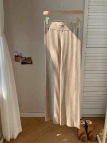 Comfortcana Women's Solid Color High Waist Ribbed Casual Knit Pants - Khaki - View 6