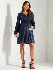 MaterniChic Maternity V-Neck Long Sleeve Tie Sequin Party Dress For Pregnant Women, Suitable For Party & Baby Shower, Autumn - Navy Blue - View 5