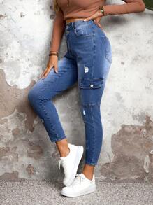 SHEIN SXY Plus Size Women Casual Utility Pocket Distressed Skinny Jeans