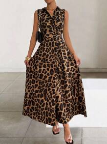 Xyvia Women's Front Button Collared Sleeveless Animal Leopard Print Pocket Casual Dress Maxi Women Outfit