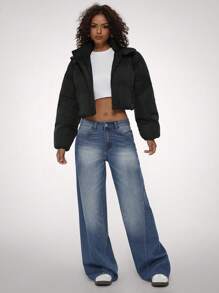 Forever 21 纯色前拉链长袖短款休闲外套 - 黑色 - 查看 3