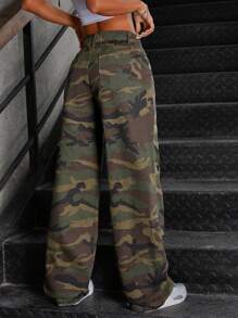 SHEIN ICON Women's Low Waist Distressed Camo Relaxed Straight Leg Jeans - Multicolor - View 2