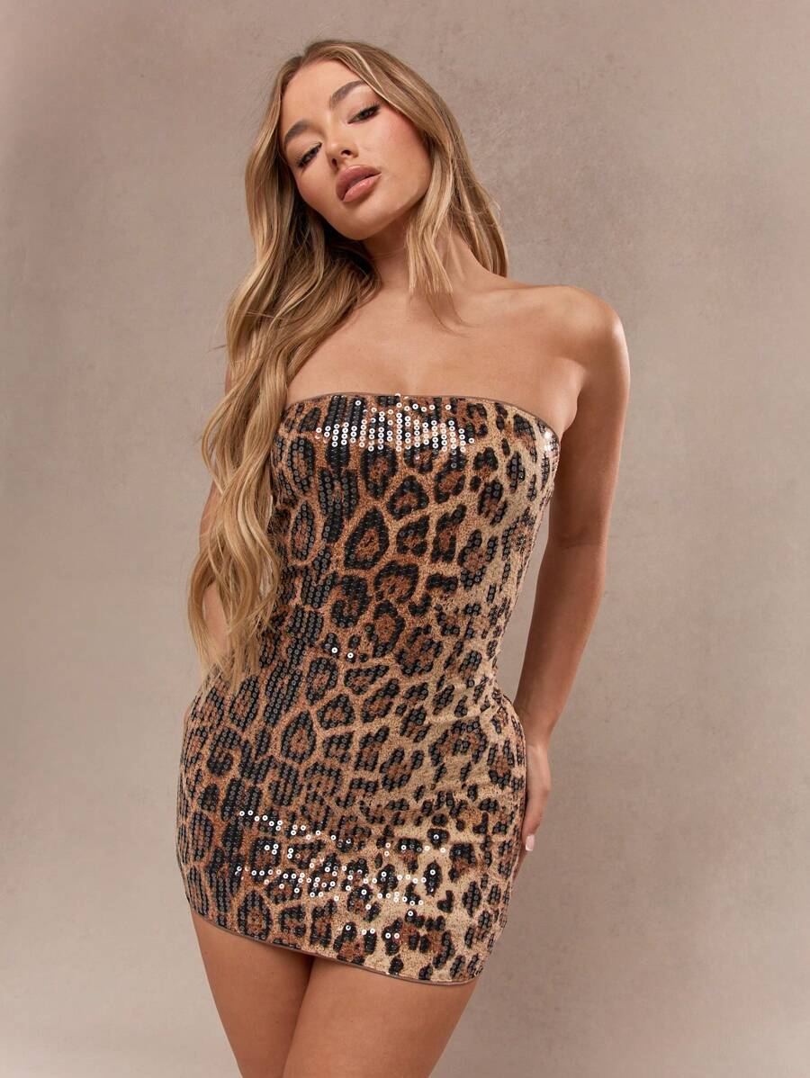 MISSGUIDED Rave Leopard Print Sequin Bodycon Bandeau Mini Dress - Coffee - View 1