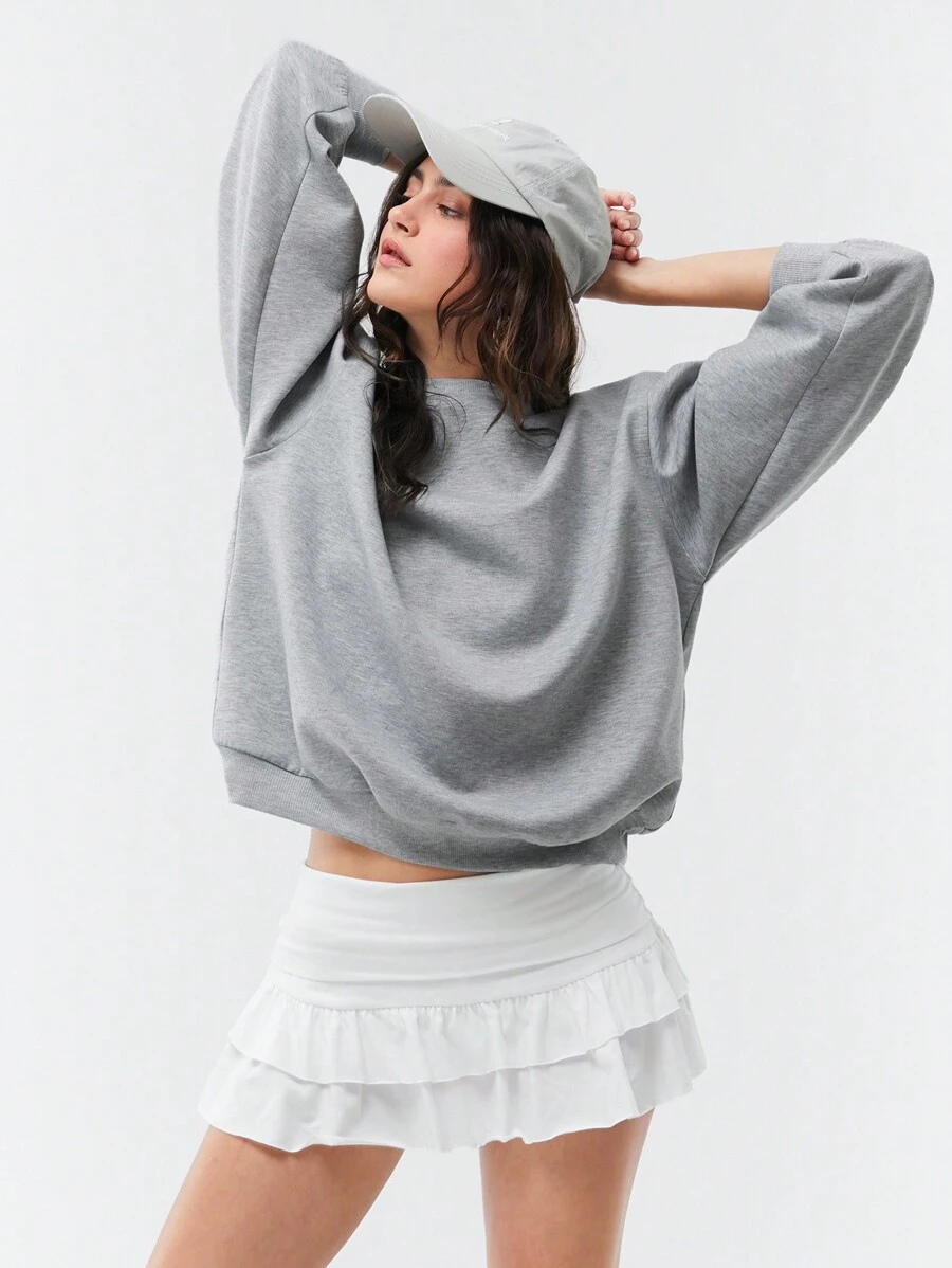 SHEIN EZwear بلوزة رمادية رياضية بطبعة زهرية ظل طبقة هواء فضفاضة أساسية - رمادي فاتح - مشاهدة 1