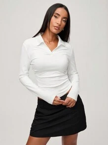 SHEIN BASICS Casual Solid Color Knit Collared Half-Button Front Fitted Long Sleeve Blouse With Pleated Sides For Women, Cozy Chic, Daily Commute