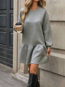 SHEIN LUNE Autumn Casual Loose Knit Dress With Ruffle Hem, Round Neck