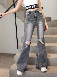 Teen Girl Ripped Raw Hem Flare Leg Jeans - Grey - View 5