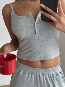 SHEIN EZwear 2 pezzi Set top e pantaloni casual donna aderente con bottoni davanti - Grigio - Visualizzare 6