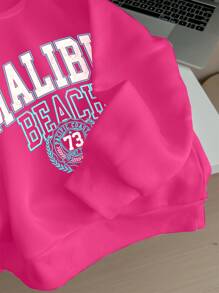 SHEIN EZwear MALIBU 印花休闲宽松圆领长袖厚款女式运动衫，秋冬款 - 粉色 - 查看 5