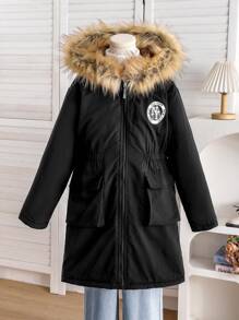 Tween Girls Hooded Fluffy Trim Casual Printed Cinched Waist Pockets Padded Windproof Jacket, Winter